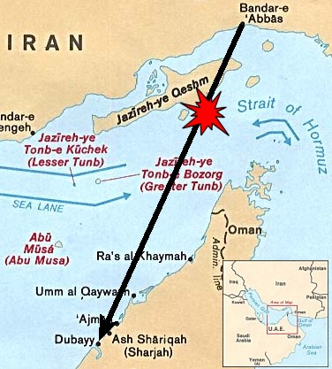 محل سرنگونی هواپیمای مسافربری ایران‌ایر در تنگه هرمز واقع در خلیج فارس